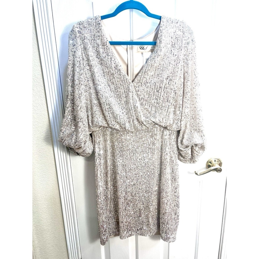 NWT ELIZA J Sequined Blouson Dress with Balloon sleeves in Silver Size 10 NYE